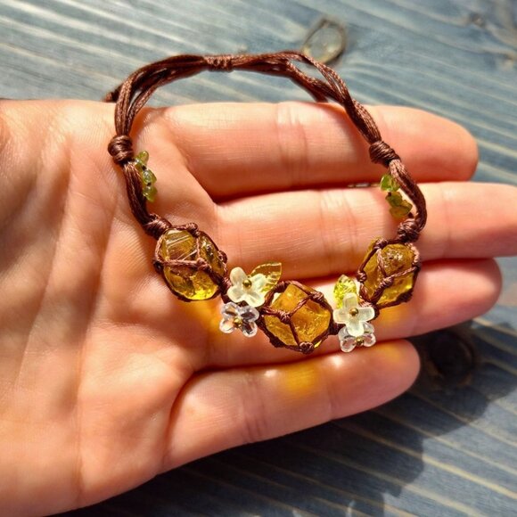 Golden Honey Forest Bracelet Adjustable Brown Macrame Cord with Amber Glass Bead - Picture 7 of 7